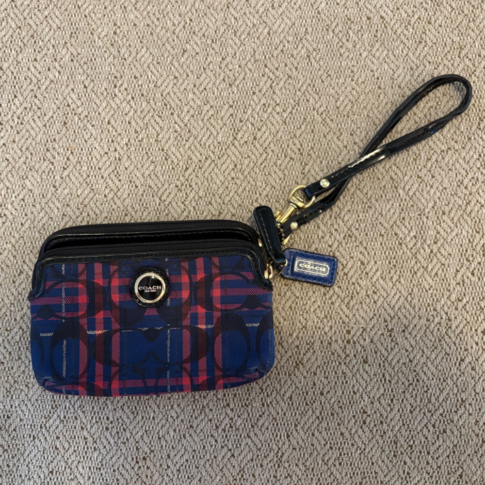 Coach Navy and Burgundy Plaid Wristlet
